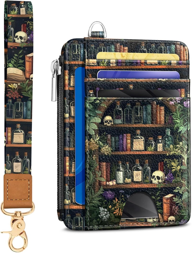 Kelvoris Goth Bookshelf Slim Wallet Women Credit Card Holder, Skull Gothic Witchy Small RFID Blocking Wallet Woman Wristlet Keychain Zipper Coin Pocket, Front Pocket Thin Travel Card Case Ladies Gifts - Image 1